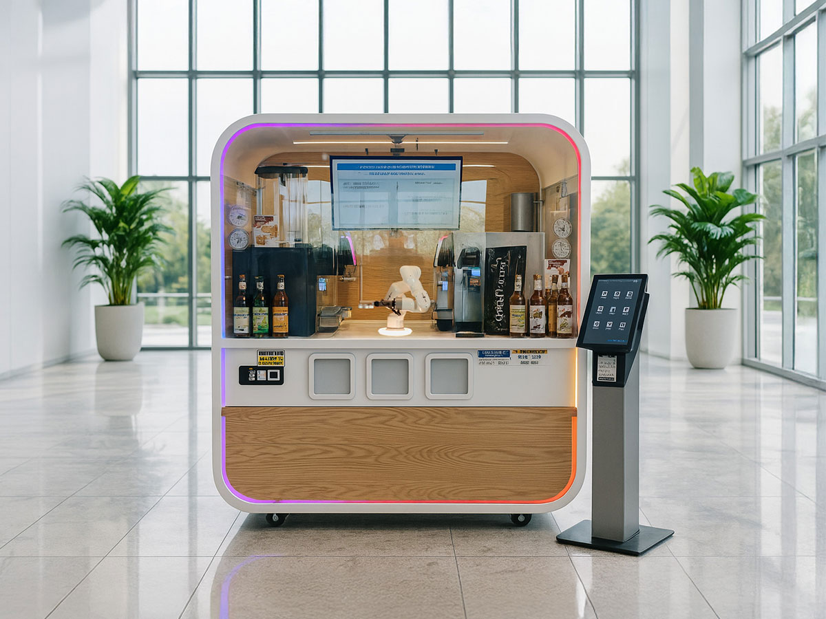 Robotic coffee kiosk with touchscreen interface and articulated brewing arm