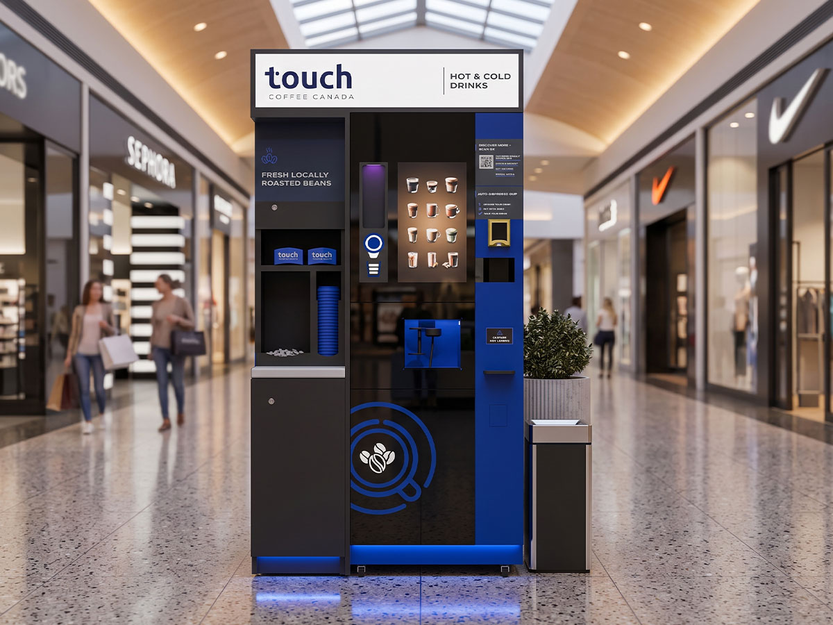 Compact automated espresso vending unit in a lobby setting